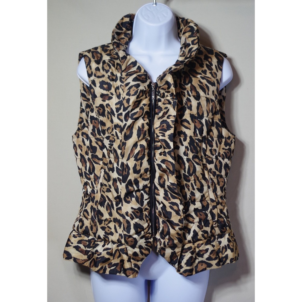 White House Black Market Medium Leopard Print Puffer Vest Ruffle Hem Brown Tan